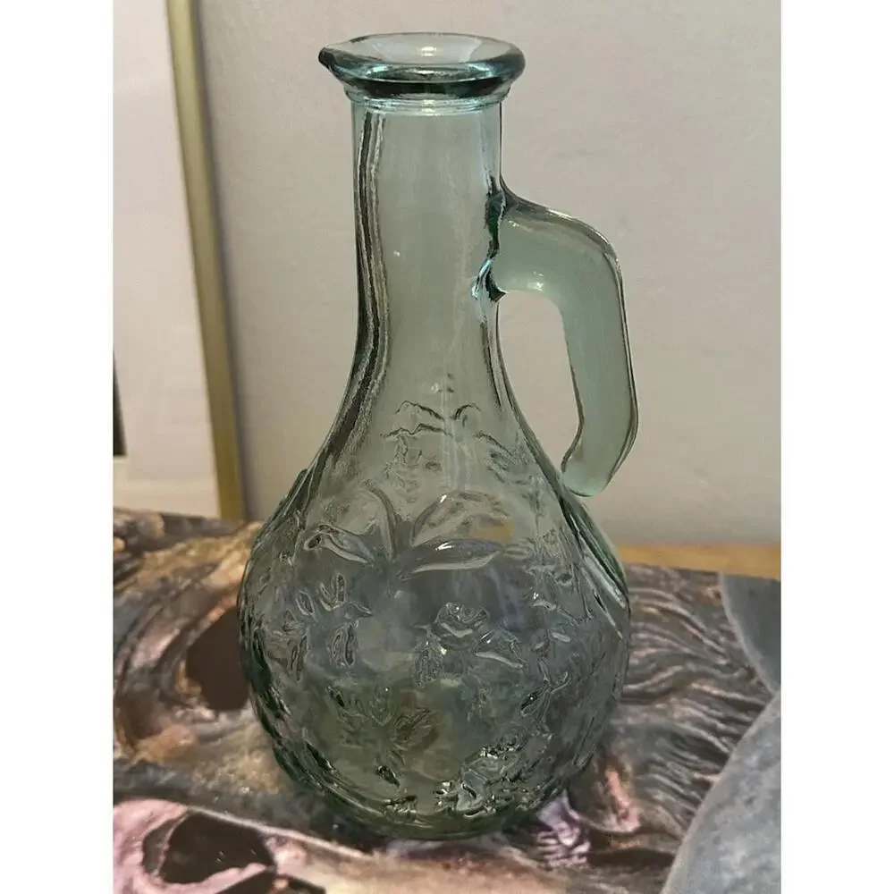 Set Of Three Vintage Green And Clear Glass Vases With Floral And Hobnail Designs